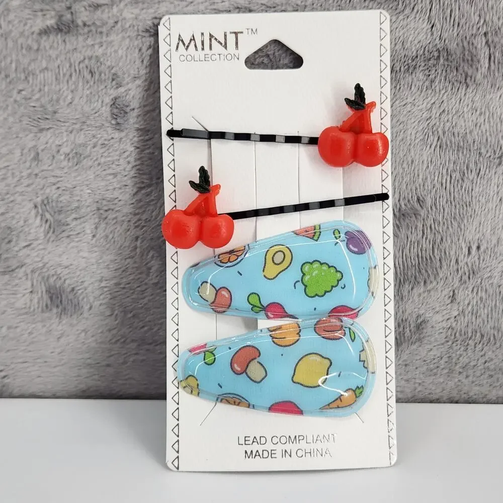 4 pc Hair Accessories 2 Cherry bobby pins 2 fruit/veggie snap barrette clips
